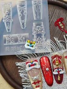 1件新年招财猫、舞狮、烟花、福袋、元宝、蝴蝶结3D美甲模具，透明硅胶模具 - 無色 - 查看 5