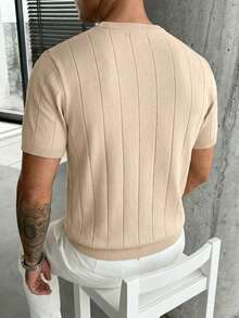 GRDR Men's Loose Thin Ribbed Crew Neck Knit Short Sleeve Sweater, Summer - Apricot - View 2