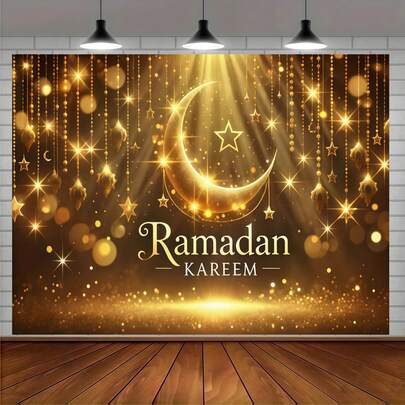 A Decorative Background Image With Ramadan As The Main Theme, Featuring The Text "Happy Ramadan" In The Center, Which Is A Classic Ramadan Greeting. The Core Decorative Elements Are The Golden Crescent Moon And The Five-Pointed Star. The Warm Golden Glow And Shimmering Texture Create A Luxurious Visual Effect.