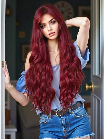 28英寸长假发，带刘海，酒红色，时尚长卷发，适合女士，合成纤维，优雅休闲，耐热，适合派对和日常佩戴，适合女孩日常派对和圣诞节特别场合。