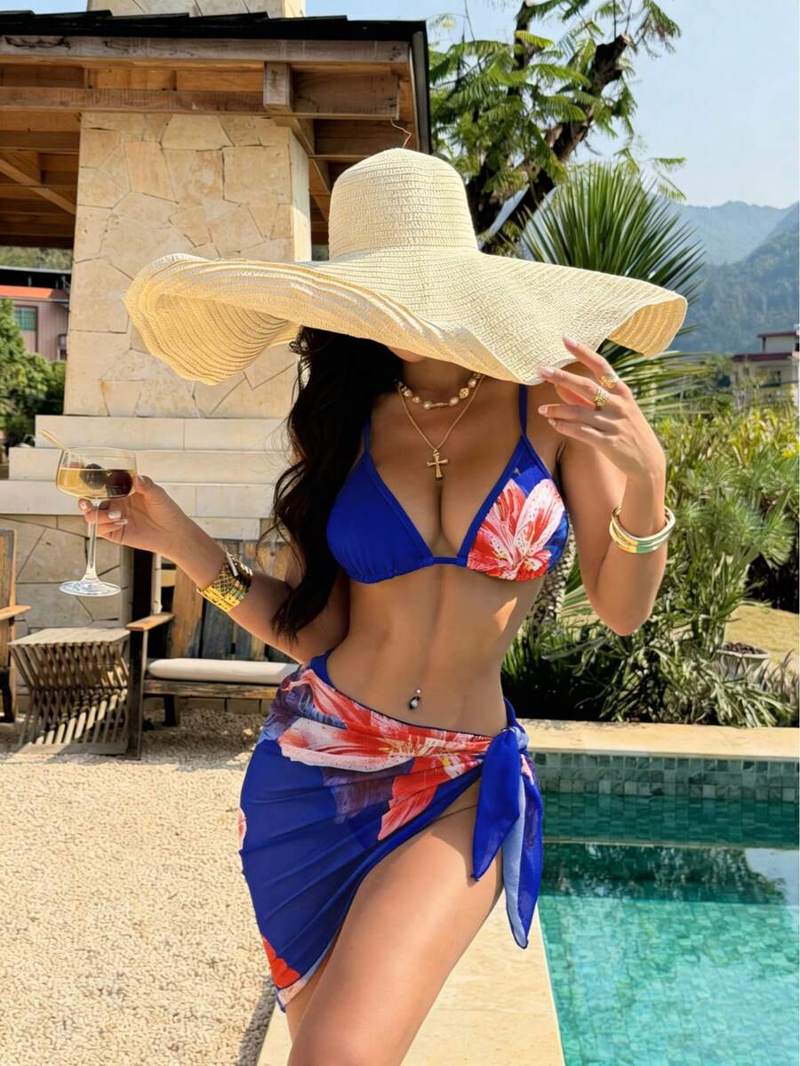 Bộ bikini nữ gợi cảm, ngọt ngào, dây mảnh, in họa tiết hoa, kèm váy rời, kiểu dáng nghỉ mát biển mùa hè, phong cách mùa hè. - Nhiều màu - Xem 1
