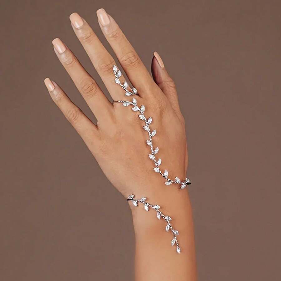 1件锆石手链，个性化闪亮叶子手链开口手镯，百搭配饰 - 銀色 - 查看 1