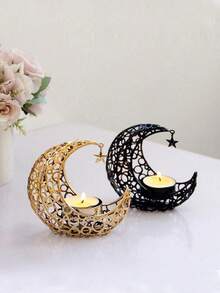 1 pieza Soporte de vela de media luna de metal y hierro estilo europeo moderno para la decoración de Ramadán, decoración de mesa para el hogar con estrellas, luna y soporte de vela, adecuado para Ramadán y Eid Al-Fitr