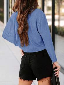 Women's Long Sleeve Crop Top Loose Fit Crew Neck Drop Shoulder Cropped T-Shirt Casual Basic Tee - Màu xanh lam - Xem 3