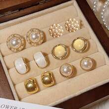 12件套复古优雅仿珍珠圆形耳环 - 金黃色 - 查看 6