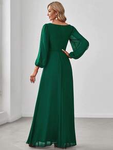 Elegant Applique Design Slit Long Sleeve Bridesmaid Dress For Wedding - Dark Green - View 2