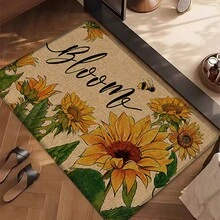 1 pièce Tapis de cuisine en lin imprimé motif tournesol, tapis, paillasson, tapis de salle de bain, paillasson, rectangle imprimé en 3D, convient pour le salon, la chambre, le couloir, la salle de bain, la buanderie - Tapis en polyester, décoration d'intérieur et d'extérieur - Multicolore - Voir 3