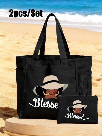 两件套时尚手提包，字母印花，亚麻材质，可作礼品袋、便携大容量购物袋、轻便可折叠收纳袋、简约手提袋，另附便携旅行化妆包、沙滩包、简约零钱包、洗漱包，适合通勤、购物、旅行、海滩度假，亦可作为生日、新年、情人节、斋月礼物。