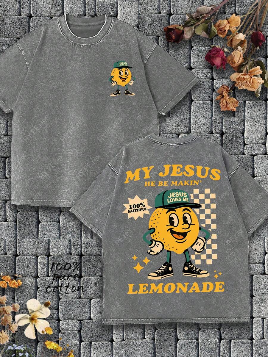 "JESUS LOVES ME""MY JESUS HE BE MAKIN' LEMONADE" , Personification Lemon Cartoon Graphic T-Shirt, Christian Belief In "Relying On Jesus For Beauty" T-Shirt For Wearing...... Retro Loose T-Shirt, Men's Casual Style T-Shirt, Machine Washable Old T-Shirt; Cool Pattern T-Shirt, Durable And Comfortable Fabric, Street Fashion T-Shirt, A Must-Have For Street Fashion Enthusiasts, Top-Level Sportswear, Suitable For Daily Commuting, Dating, Casual Matching, And Holiday Gift Giving. - Xám - Xem 1