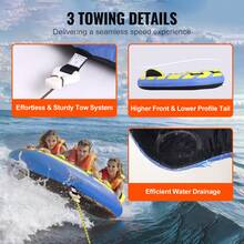 Towable Tube For Boating, 1-3 Riders Inflatable Towable Tube With Bumper Fins, 510 Lbs Water Sport Towable Tubes For Boats To Pull, Full Nylon Cover, EVA Grab Handles And Speed Saf Ety Valve - 62.2" X 65.4" X 14.4" - View 6