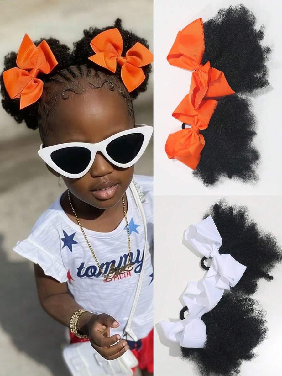 2条装儿童蓬松马尾辫，柔软马尾辫，带弹性蝴蝶结夹，女孩耐热假发