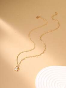 Nooxian 1pc Fashionable Minimalist Square Copper Pendant Niche Luxury Necklace For Women, Inlaid Sparkling Cubic Zirconia, Daily Wear Clavicle Chain - Yellow Gold - View 4