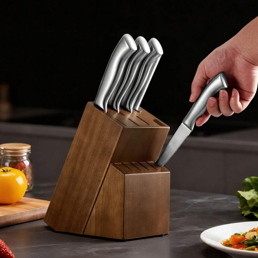 Juego de cuchillos de cocina  con bloque y afilador, juego de 15 piezas de cuchillos afilados de acero inoxidable alemán de alto carbono, cubertería de cocina con mango ergonómico, varilla de afilado y bloque de madera, para cocineros caseros - Madera de caucho - Ver 1