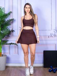 Fitness Shorts, Skirt, And Tank Top Set In Various Colors - Rust Brown - View 2