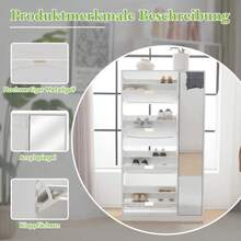 Modern Shoe Cabinet With Mirror, 4 Fold-Down Storage Compartments, Adjustable Shelf Behind The Right-Hand Mirror, Ideal For The Entryway, White, Dimensions: W 80/H 147/D 24 Cm (Old Reference: N657P20154449W) - trắng - Xem 6