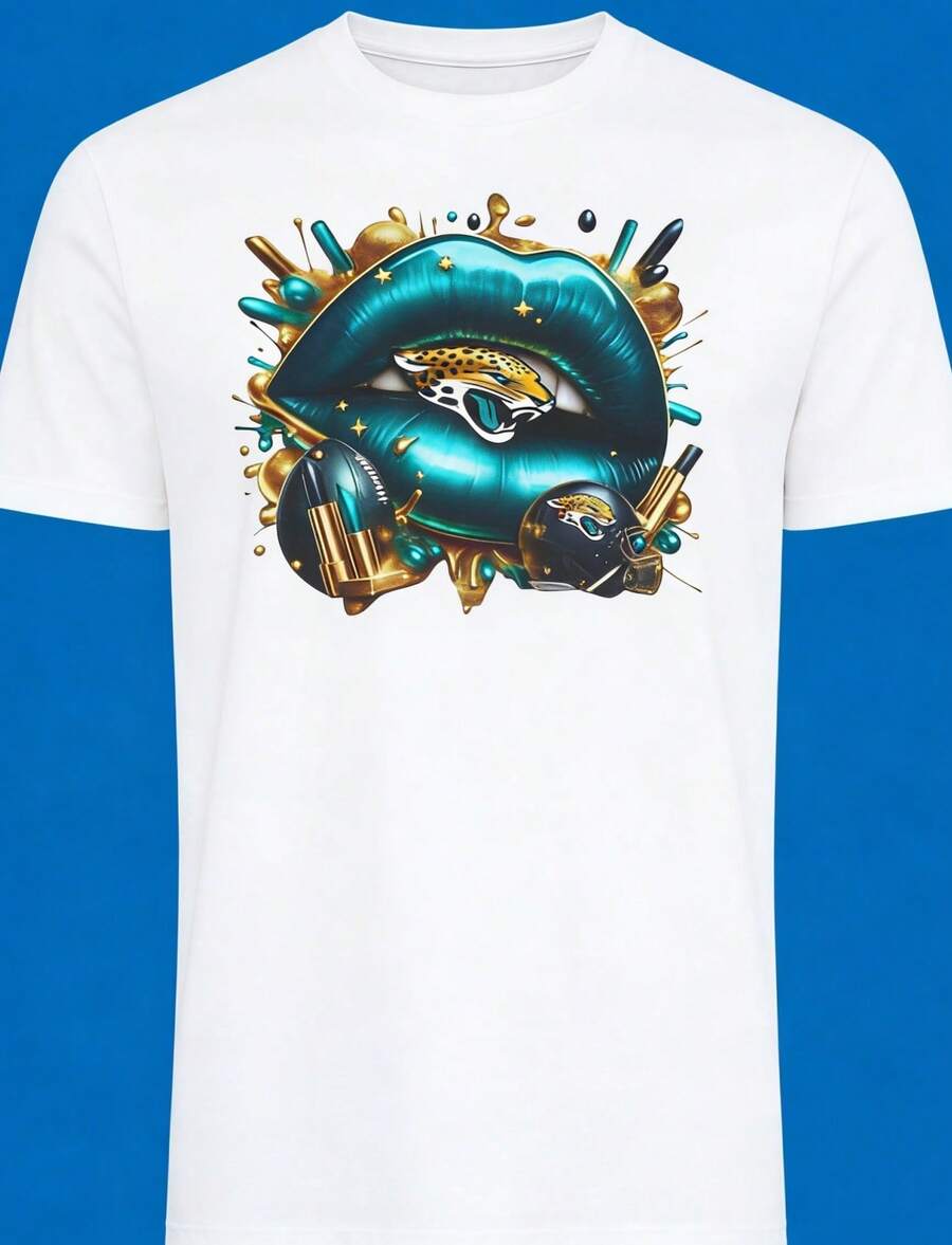 Everyday Jacksonville Lip Jaguar Logo Crew Neck T-Shirts Helmet Accent Short Sleeve Y2k Casual Wear Suitable For All Seasons Machine Wash For Football Events And Daily Wear - trắng - Xem 1
