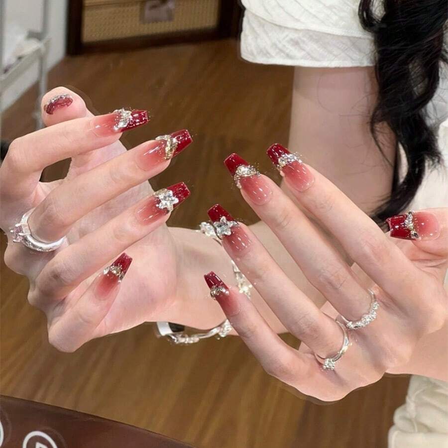 A Box Of 24 Pieces, Wearing Armor, French Wedding Nail, Red Burst Flash Diamond, Advanced Sense Manicure, Medium And Long Ladder, White Armor Patch. - 紅色 - 查看 1