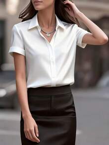 Elegant Plus Size [Luxury Texture] White Satin Short-Sleeve Shirt, Commuter OL Style, High-End Flowing Professional Top - White - View 7