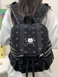 Fashionable Colorblock Striped Embroidered Cat Design Adjustable Strap Backpack, Versatile For School, Casual, Travel, Unisex Backpack, Retro Japanese College Style Cat Embroidery Rucksack - Black - View 2
