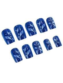 24 piezas de uñas postizas cuadradas de estilo europeo de tamaño mediano, elegantes en azul brillante con decoraciones de piedras de imitación plateado-blanco con diseño floral, juego de uñas postizas de cobertura completa y removibles, adecuadas para fiestas, bailes de graduación y uso diario - Azul - Ver 4