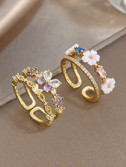 18K Gold Plated Anti-Fading Retro Sweet Lucky Clover Butterfly Flower Pink Multicolor Zirconia Ring, Open Adjustable Ring For Women, For Valentines, Party, Gala, Daily, Mardi Gras, New Years, Wedding, Beach, Christmas Anniversary, Elegant Mom Gift Boho Jewelry Birthday Bridesmaid Gift