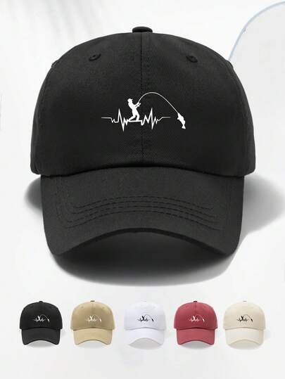 1顶男女通用钓鱼印花软顶棒球帽，尺码可调节，透气时尚，适合休闲、跑步、运动、户外活动和业余爱好者。