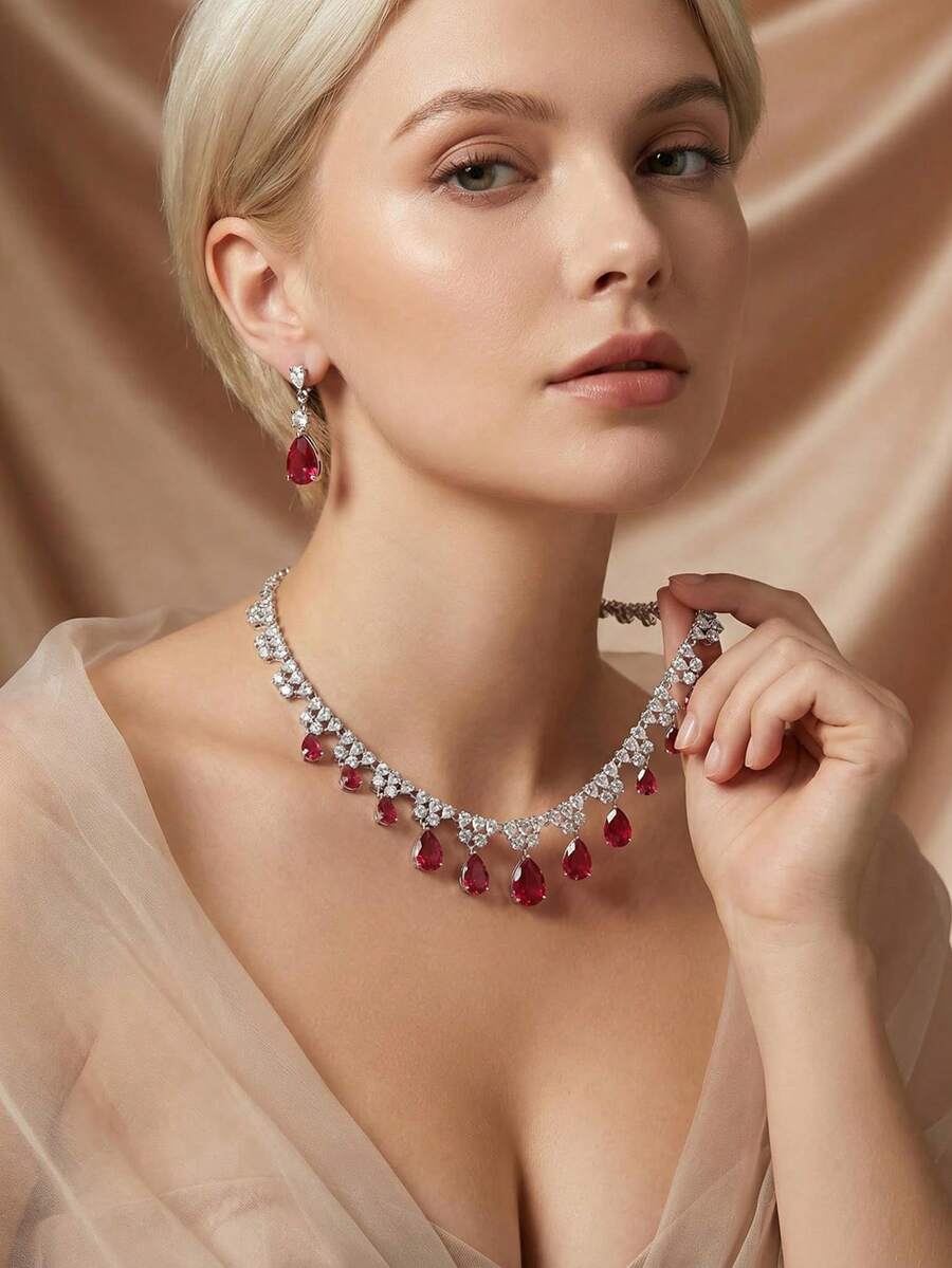 1套3入組豪華珠寶風格鋯石婚禮項鍊和耳環套裝，適用於新娘裝飾配件 - 豪華套裝 - 查看 1