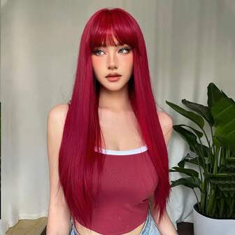 Peluca elegante roja de 24 pulgadas con flequillo para mujeres, cabello sintético resistente al calor y recto, fibra de alta temperatura, gorro de red de rosa, peluca larga de moda