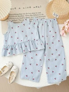 Girls' Blue Plaid Cherry 2 Pieces Set: Ruffle Trim Sleeveless Top + Wide Leg Pants, Children Sweet Casual Summer Outfit, Vacation Style - Multicolor - View 5