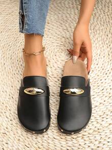 2026夏季女士时尚穆勒平底拖鞋，套脚木底厚底铆钉水钻户外拖鞋，日常通勤休闲度假软底轻便沙滩鞋 - 黑色 - 查看 5