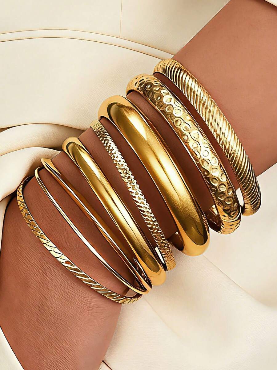 8pcs Vintage Elegant Bohemian Style Metal Hammered Bangle Bracelet Set, Suitable For Women's Daily, Party, Date, Holiday, Wedding, Festival Gift - Gold 2 - View 1