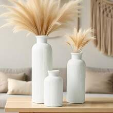 Modern Ceramic Vase Set, White Ribbed Matte Design, 3-Piece Decorative Vases For Home, Living Room, Office (White) - 白色 - 查看 3