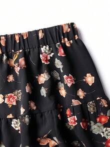 EARO 女士雪纺印花褶裥A字半身裙，高腰宽松显瘦优雅度假休闲装，春秋季黑色 - 黑色 - 查看 5