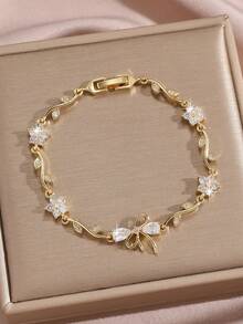Trending Cross-Border Cute & Sweet Bracelet With Flower, Zirconia, Bow, 18K Gold Plated, Valentine's Day Gift - Bow - View 4