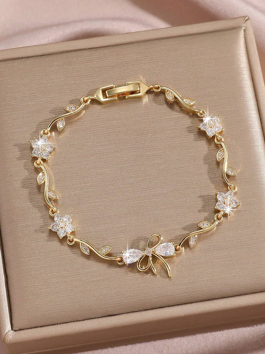 Trending Cross-Border Cute & Sweet Bracelet With Flower, Zirconia, Bow, 18K Gold Plated, Valentine's Day Gift - Bow - View 1