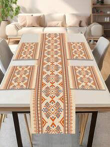 1pc Geometric Pattern Printed Table Runner, 4pcs Geometric Pattern Printed Placemats, Suitable For Holidays, Parties, Birthdays, Dinners, Kitchen & Dining Room Table Decor, All Season Home & Living Decor - Multicolor - View 2