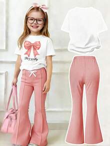 Toddler Girls' Cartoon Print Round Neck Short Sleeve Top And Flare Pants Set - White - View 2