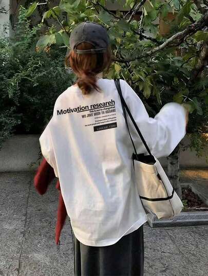 女性用シンプルホワイトミニマリストコントラストカラーロゴ両面プリントルーズベースレイヤー長袖カジュアル通勤リブニュートラルトップス、極シンプル無地ベーシックTシャツ春