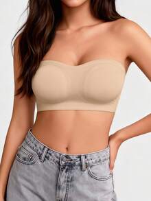 黑色无肩带无衬垫隐形无缝抹胸文胸，前扣式，百搭性感内衣，适合搭配露肩和单肩服装 - 杏色 - 查看 3