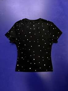 女士圆领短袖T恤，新款夏季波点高端上衣，时尚修身收腰美式性感女孩风格 - 黑色 - 查看 3