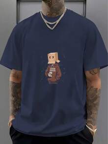 Fashionable Simple White T-Shirt With Cartoon Character Pattern - 藏蓝色 - 查看 1