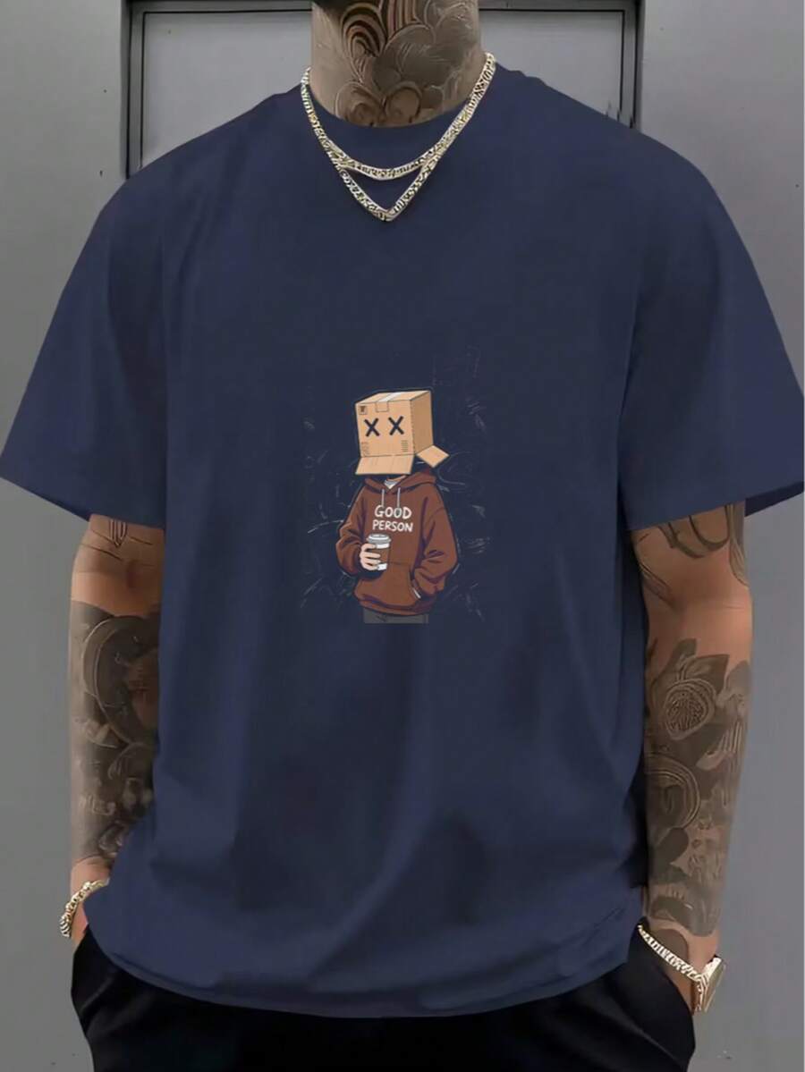 Fashionable Simple White T-Shirt With Cartoon Character Pattern - 藏蓝色 - 查看 1