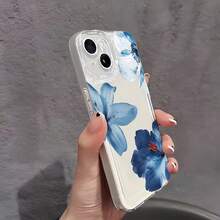 1个透明极简太空主题手机壳镜头保护膜，3朵蓝色花朵极简花卉图案手机壳，可个性化定制，兼容苹果16 Pro Max、17/16/15/14 Plus、13/12/11、Air，兼容三星系列，国际版，非国内版 - 彩色 - 查看 2