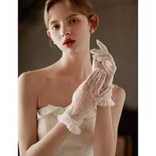 Short Lace Mesh Gloves Tulle Border With Pearls Wedding Opera Tea Party Gloves For Women Formal,OneSize,Ivory-1 - Ivory-1 - View 7