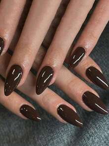 24 piezas de uñas postizas acrílicas reutilizables con forma de almendra, de color marrón claro, las mejores uñas de unicolor brillante para el invierno - Marrón - Ver 1