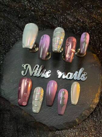 10-pack Coffin akryl press-on naglar, lila, rosa och vita naglar, svart tie-dye, handgjorda krompulver geometriska mönster och 3D vattendroppsmönsterdesign, Y2K-stil nagelkonstset, perfekt för kvinnor och tjejer för vardags-, fest-, ceremoni- och högtidsbruk (med: en bit gelélim och en friktionsremsa) nagelartiklar