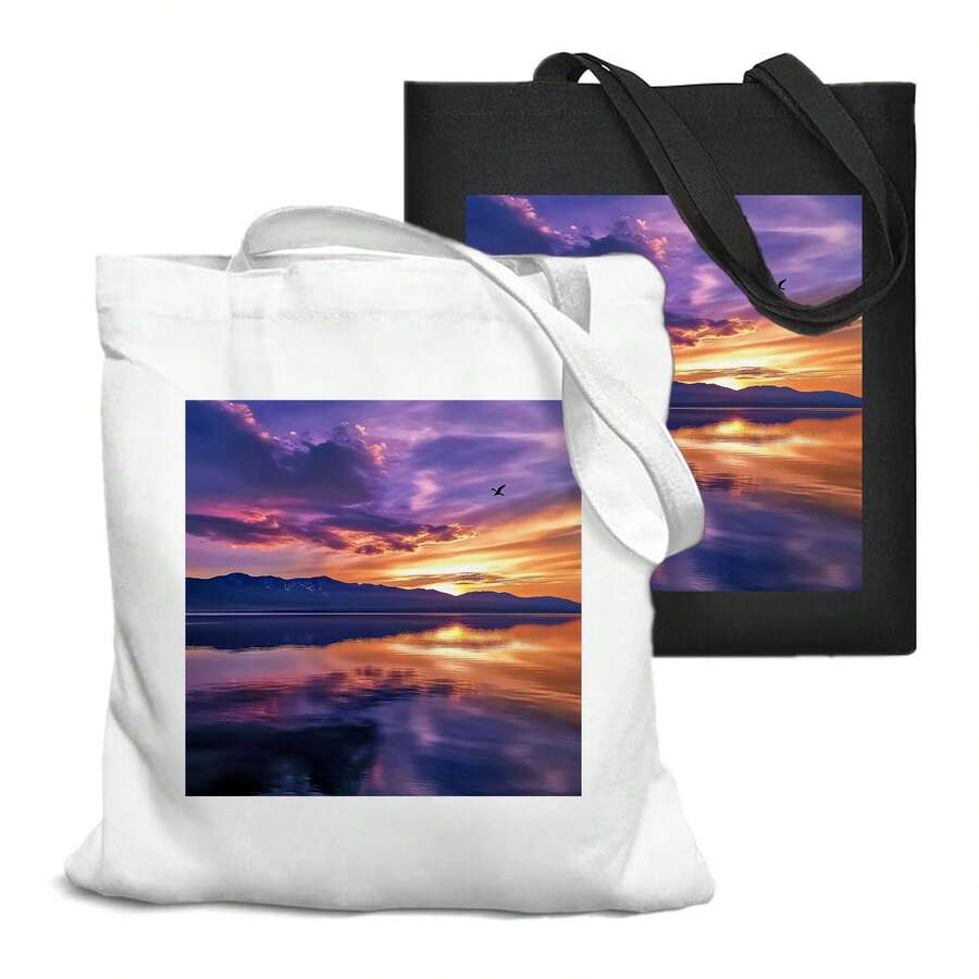 1pc 35*40cm(14*16 Inch) Lake Sunset Shopping Bag, Reusable Printed Canvas Bag, Polyester Fabrics For Home & Market - Multicolor - View 1