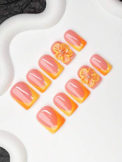 10pcs Square Shaped Handmade Nail Tips, Y2K Baddie Style, Nude & Orange Color With French Tips, Ombre, Floral Designs, Suitable For Women & Girls, Includes Tools, Great Gift For Ladies Nails Nail Supplies