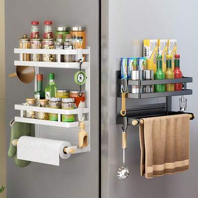 Magnetic Spice Rack For Refrigerator – Heavy-Duty Metal Wall-Mounted Organizer With 4 Hooks & Removable Paper Towel Holder, Space-Saving Kitchen Storage Shelf For Fridge, Oven, Utensils & Bottles, Modern Metal Shelf, Multi-Purpose Magnetic Rack