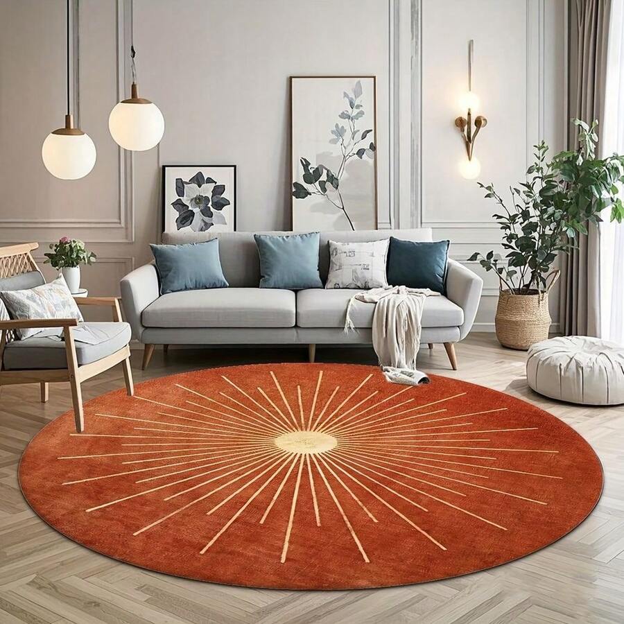 Sunburst Pattern Rust Color Round Area Rug Cute Indoor Rugs Washable Non Slip Boho Circle Rug Ultra Soft Oriental Vintage Rust Low Pile Small Circular Carpet For Bedroom Entryway Office College Dorm Living Room - A - 查看 1